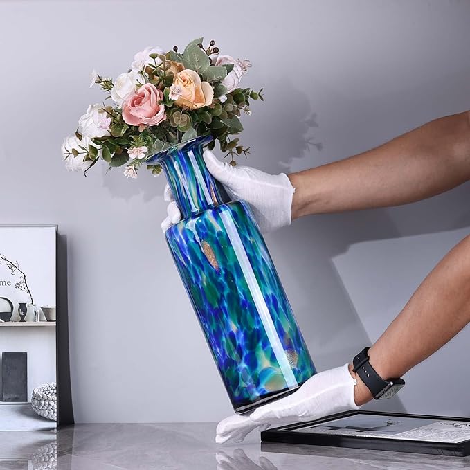 Hand Blown Glass Vase Teal Mosaic – Blue Green Art Glass Vase with Wide Mouth, Murano Style Bubble Vase, Unique Coastal Glass Decor for Dining Table, Living Room, Entryway or Beach Home Accent (Green)