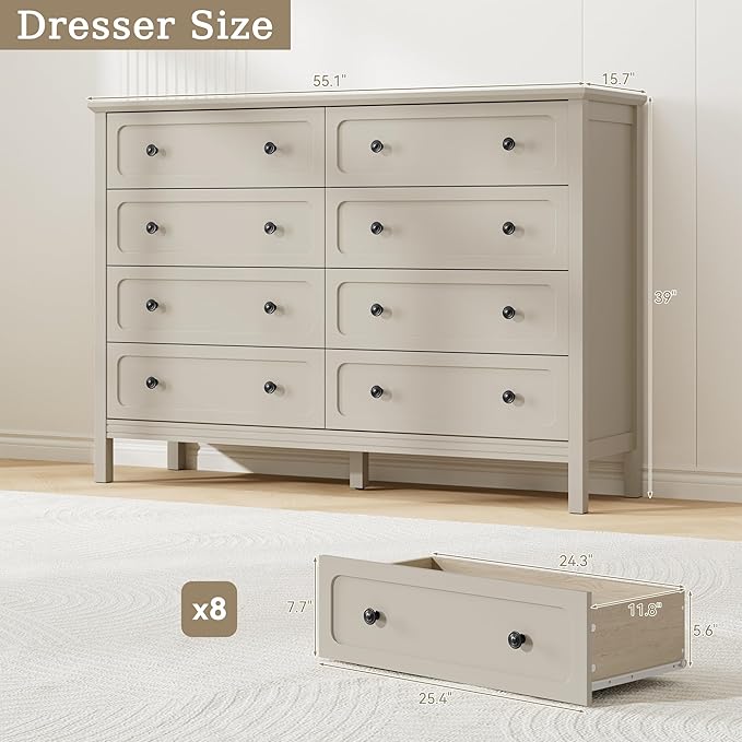 Dresser for Bedroom, 8 Drawer Dresser with Metal Handles, 55" Wide Modern Dressers & Chest of Drawers for Living Room, Hallway, Entryway, Beige