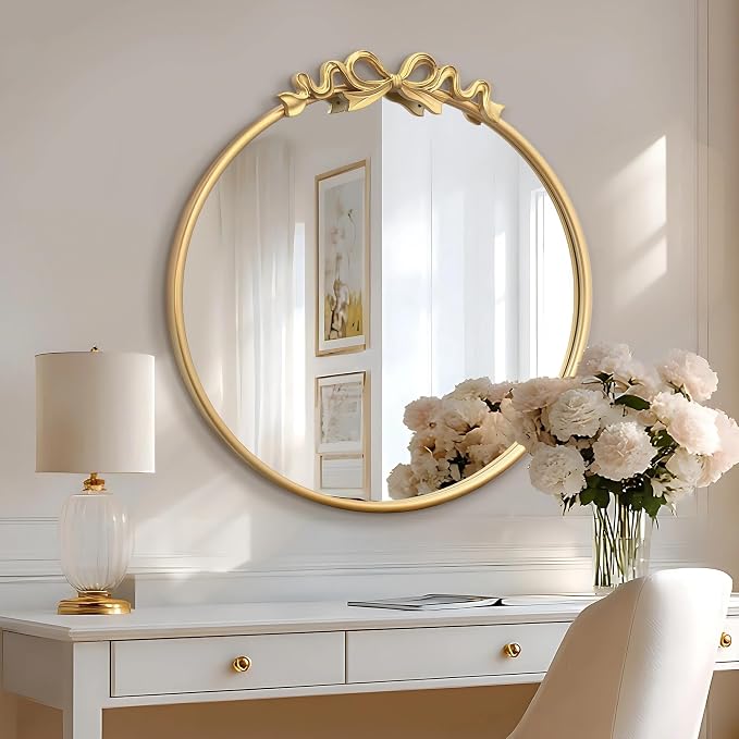 Besdomus Vintage Gold Mirror: 27" Bow Round Wall Mounted Mirror - Baroque Traditional Ornate Metal Framed for Entryway/Fireplace/Bathroom/Hallway - Home Decor for Fashion-Conscious