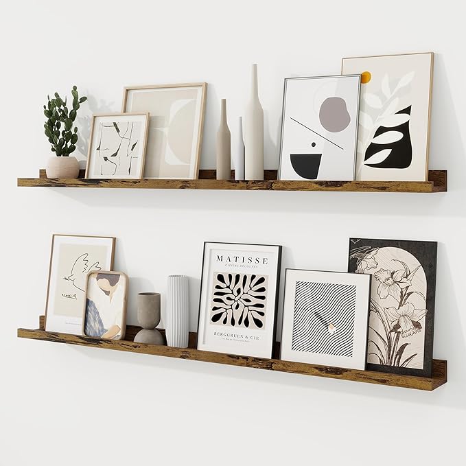 RICHFOCUS Picture Ledge Shelf, 48 inch Floating Shelves Set of 2, Wood Wall Shelves with Lip, Wall Decor Storage for Bedroom Living Room Bathroom Kitchen Nursery Photo Picture, Rustic Brown