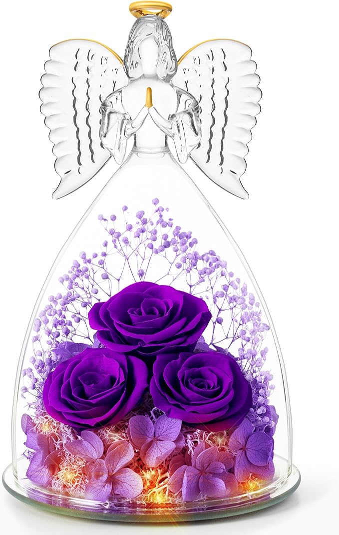 Christmas Flowers Gifts for Grandma Mom,Forever Real Roses in Angel Figurines,Christmas Roses Gifts for Women Wife Mother in Law/Purple