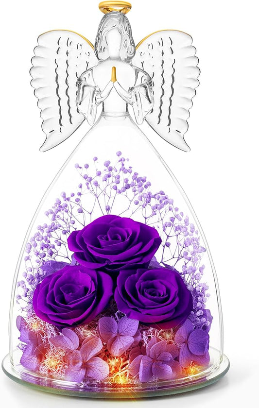 Christmas Flowers Gifts for Grandma Mom,Forever Real Roses in Angel Figurines,Christmas Roses Gifts for Women Wife Mother in Law/Purple