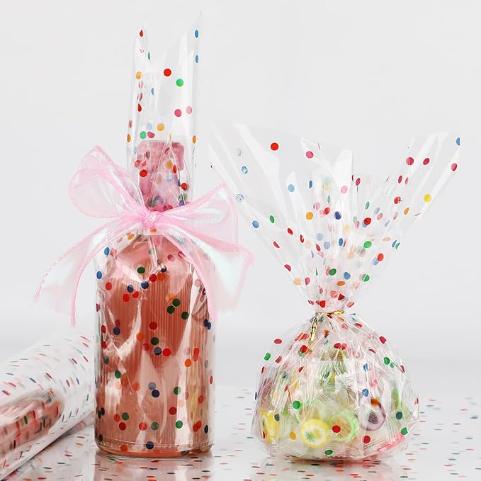 Clear Cellophane Wrap Roll, 100 Ft x 34 In Colourful Dot Florist Paper Wrapper, Transparent 3Mil Thicker Cellophane Roll, Gift Baskets Wrap Cellophane Film for Gifts, Flowers, Christmas Wrapping