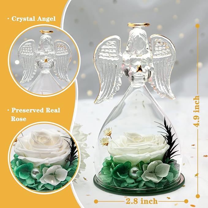 ANWEAO Mom Birthday Flowers Gifts for Mom,Glass Angel Figurines Preserved Real Rose with I Love You Necklace in 100 Languages, Valentines Rose Gifts for Women,Gifts for Her Grandma Unique Flower Gift