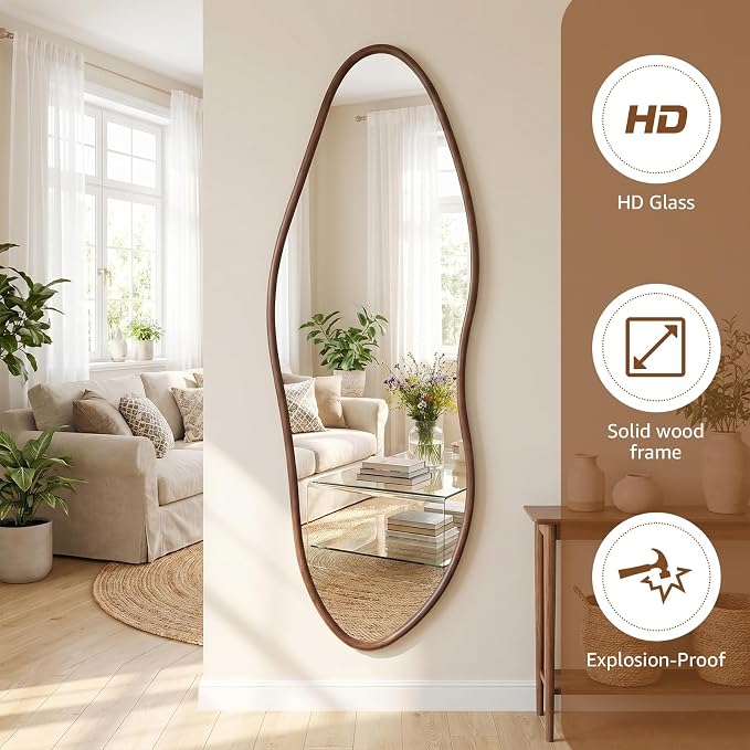 Irregular Full Length Mirror 64"x21", Cloud-Shaped Design with Rounded Oak Hardwood Frame in Black Walnut, Asymmetrical Wall Mirror for Bedroom,Living Room,Cloakroom,Horizontal/Vertical