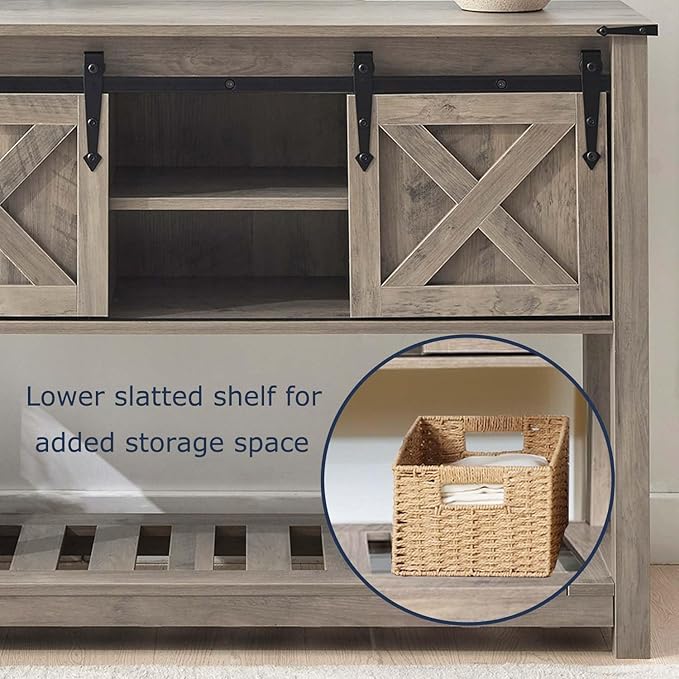 Farmhouse Living Room Table Set of 3, 2 Rustic End Table with Charging Station and 1 Sofa Table with Large Hidden Storage, Farmhouse Sofa Table Set for Living Room, Office, Grey