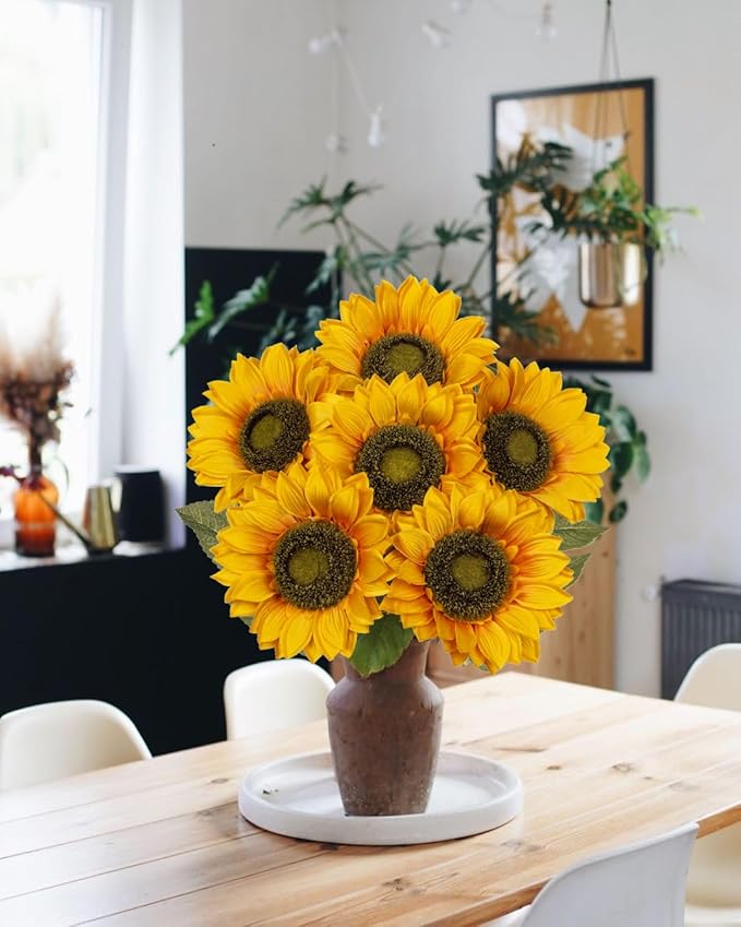Large Silk Yellow Sunflowers Artificial Fall Flowers 26" Long Stem Artificial Sunflower 6 Pcs Tall Fake Sun Flowers Vintage Faux Sunflowers Bulk with Stem for Home Wedding Birthday Party Decor