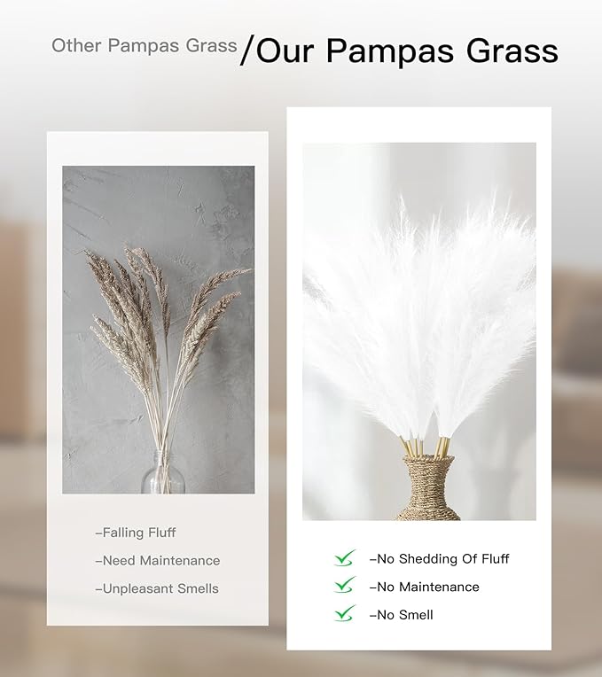 9 Pcs 45" Tall Pampas Grass White Decor, Long Stem Artificial Flower Floor Vase Large Faux Floral Pompas Fake Plants Dried Bouquet Arrangement Vase Filler for Boho Home Wedding Decoration