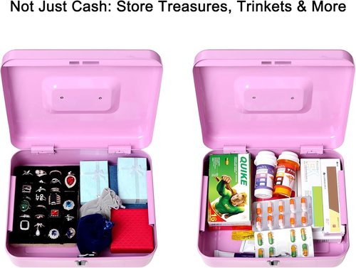 Jssmst Cash Box - Light Purple Money Saving Box with Key Lock | 9.84'' x 7.87'' x 2.6''