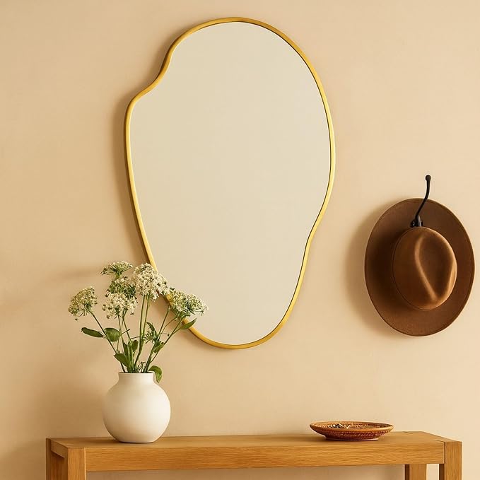 TOMACE Brushed Gold Asymmetrical Irregular Wall Mirror,22''x 34'' Unique Brass Frame Wall Mounted Mirror for Bathroom,Entryway,Nursery
