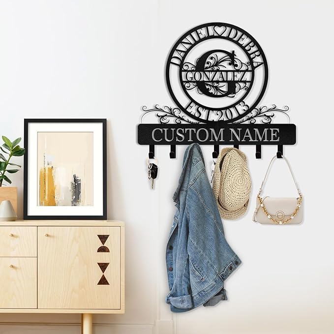 Kotagi Personalized Metal Key Holder for Wall, Custom Family Name Key Rack Holder Wall Mount, Metal Key Hooks with Monogram Design, Key Hanger for Hallway Bedroom, Anniversary Couple Gift