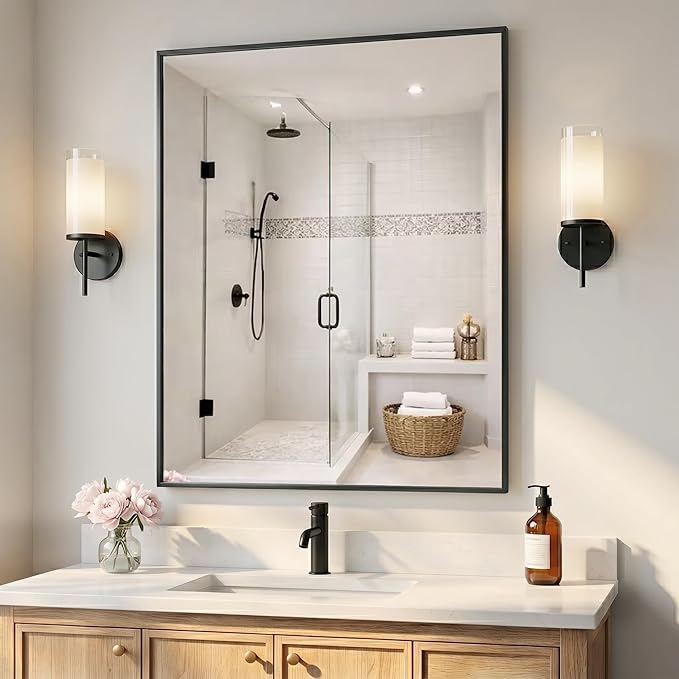 30"x36" Black Bathroom Mirror for Wall, Shatterproof Tempered Glass, Rectangle Narrow Frame Vanity Mirror, H/V Wall-Mounted, Ultra-Flush
