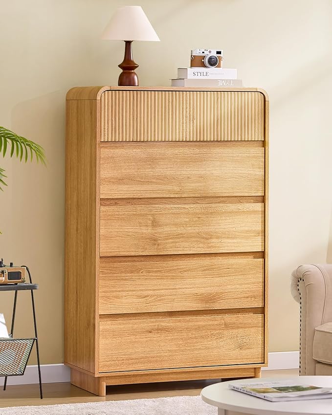 AOGLLATI Mid Century Modern 5 Drawer Dresser for Bedroom, 45" Tall Wood Fluted Dressers & Chests of Drawers with Curved Profile Design for Bedroom, Wood