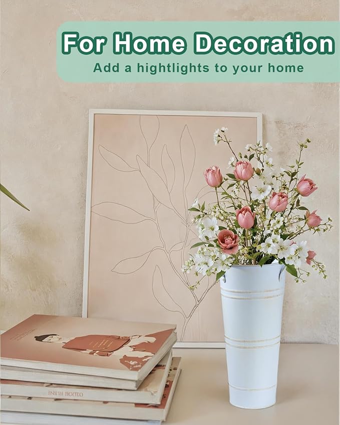 9 Inch Galvanized Metal Vases for Flowers - 6 Pcs Farmhouse Decorative Tall Flower Bucket with Handles, Rustic French Tin Planter Buckets for Wedding Decor (Vintage White)