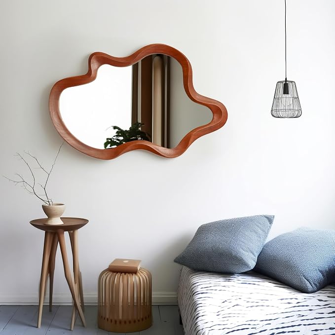 Irregular Wall Mirror,21"x 32"Asymmetrical Mirror Wood,Wooden Framed Wall Mirror,Modern Large Vanity Bathroom Mirror,Walnut Wavy Mirror for Entryway,Bedroom,Living Room,Washroom