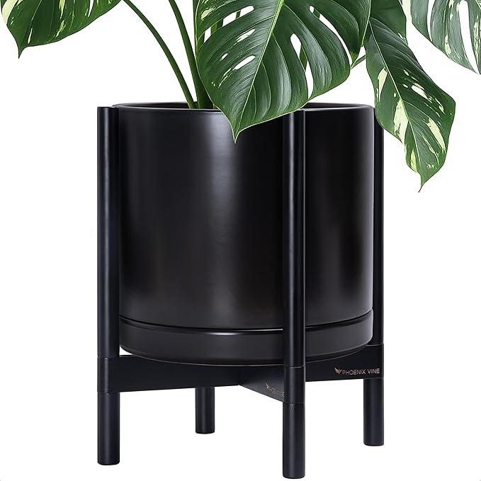 D'vine Dev Ceramic Planter with Ebony Stand - 14 Inch Modern Round Flower Pot with Wood Planter Holder, Black, 55-B-S-2