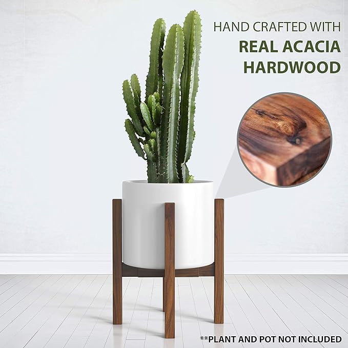 Sophia Mills Mid Century Plant Stand - Solid Wood Item Stand Handmade with Acacia - Fits Medium & Large Pots Sizes 8 to 12 inches (Not Included) (Adjustable Width: 8-12 inches, Dark Brown)