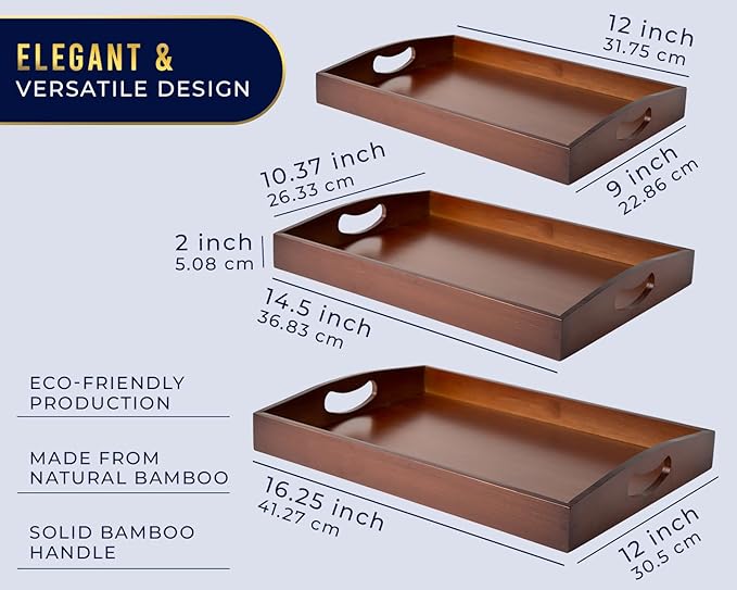 Comfify Dark Brown Bamboo Serving Trays with Handles – Set of 3 Nesting Ottoman Trays for Coffee Table, Breakfast, Food Serving & Home Decor – Rich Walnut-Tone Wood Tray for Kitchen & Living Room