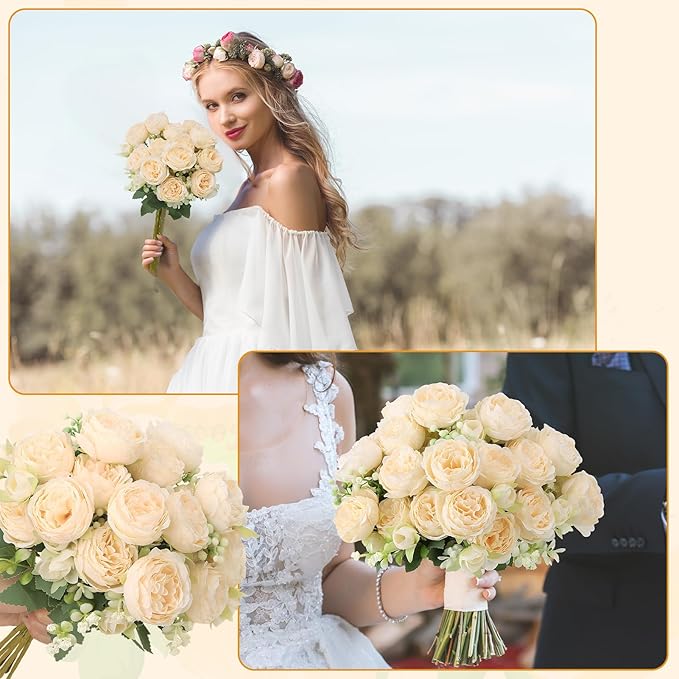 8 Pack Champagne Peonies Artificial Flowers, Cream Fake Silk Hydrangea Bouquet for Bridal Wedding Home Table Decor Reusable Dining Opening Ceremony Birthday Arrangement Faux Floral