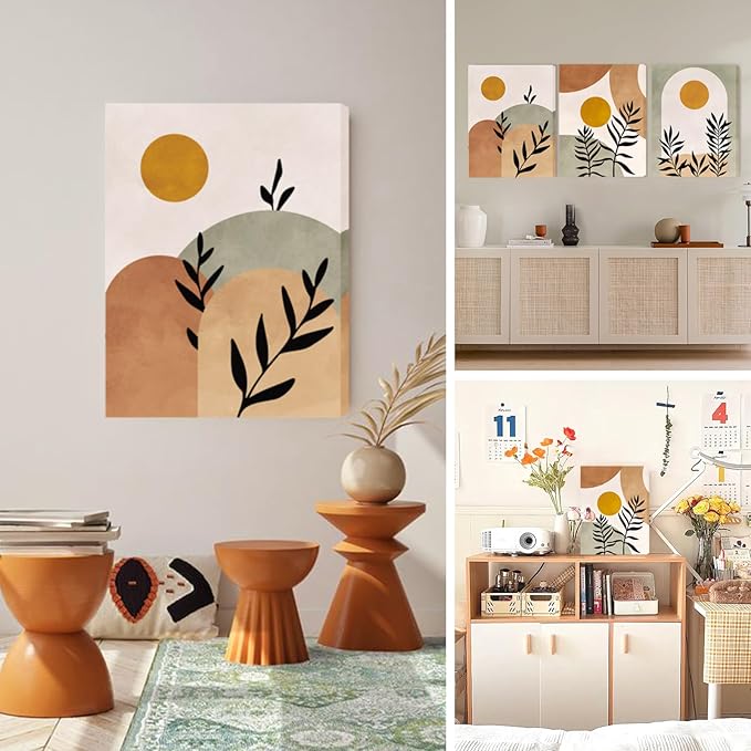 SERIMINO Botanical Wall Art, Boho Canvas Wall Decor for Living Room, Set of 3, Minimalist Orange Sun Artwork Paintings Wall Decor for Bedroom, Office,12 x16 inch