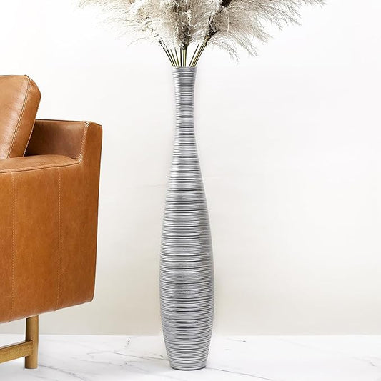 Tall Floor Vase, 27.5 inches (70cm, 2.3FT) Tall Vases Sturdy and Luxurious,Floor Vase for Country Home Decor, Living Room, Resin Silver Floor vase