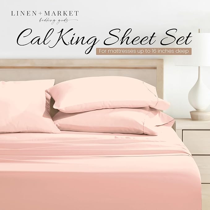 Linen Market Bed Sheets for California King Size Bed (Blush) - Sleep Better Than Ever with These Soft and Cooling California King Sheets - Deep Pocket Fits 16" Thick Beds - 4 Piece Cal King Sheet Set