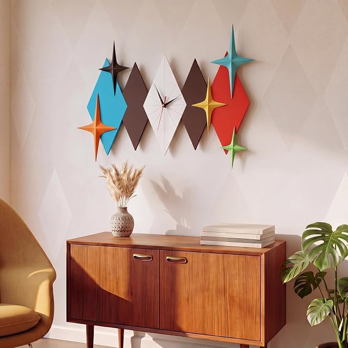 Thyle 25 inch Mid Century Modern Wall Clock Decor with 5 Pcs Retro 3D Star Art Wall Sculpture Starburst Clock Art Vintage Home Decor Accent for Living Room Bedroom Office (Geometric)