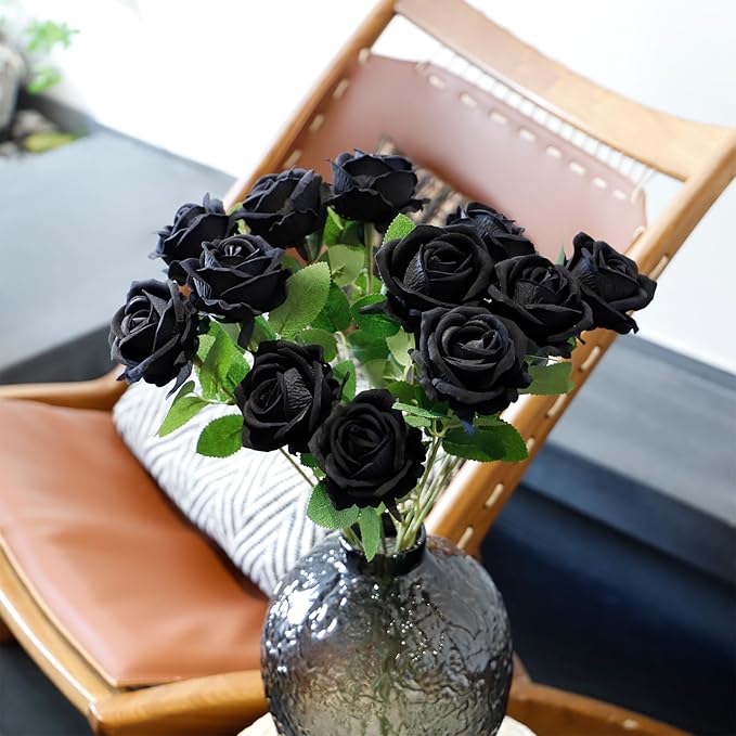 Black Artificial Rose Flowers, 12 Pcs Fake Roses for Halloween Decoration, Silk Roses with Long Stems, Home and Office DIY Decor