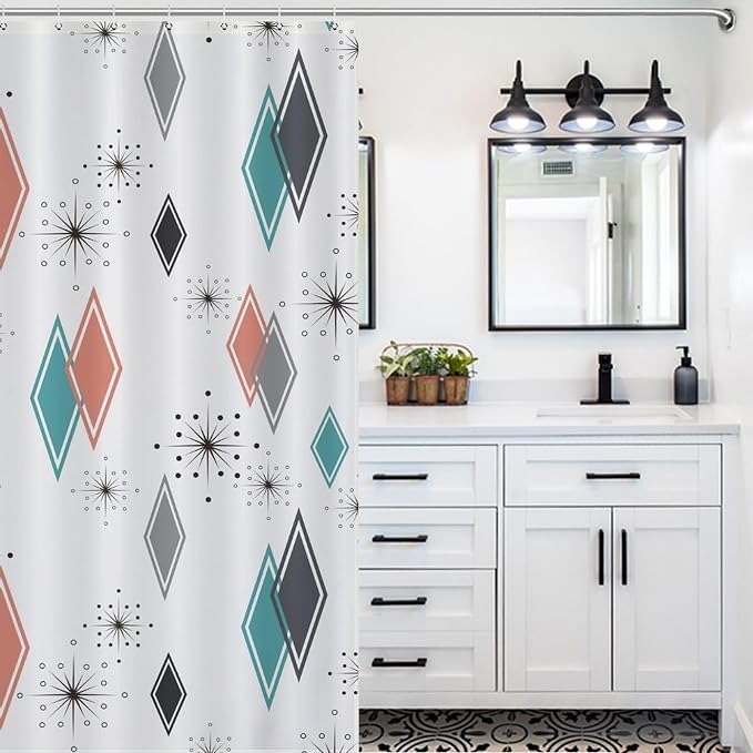 Mid Century Modern Shower Curtain,Retro Abstract Atomic Starburst Geometric Diamond Pattern Shower Curtains Set for Bathroom Fabric Decorative Bath Curtain Washable Curtain Hooks, 72x72 in