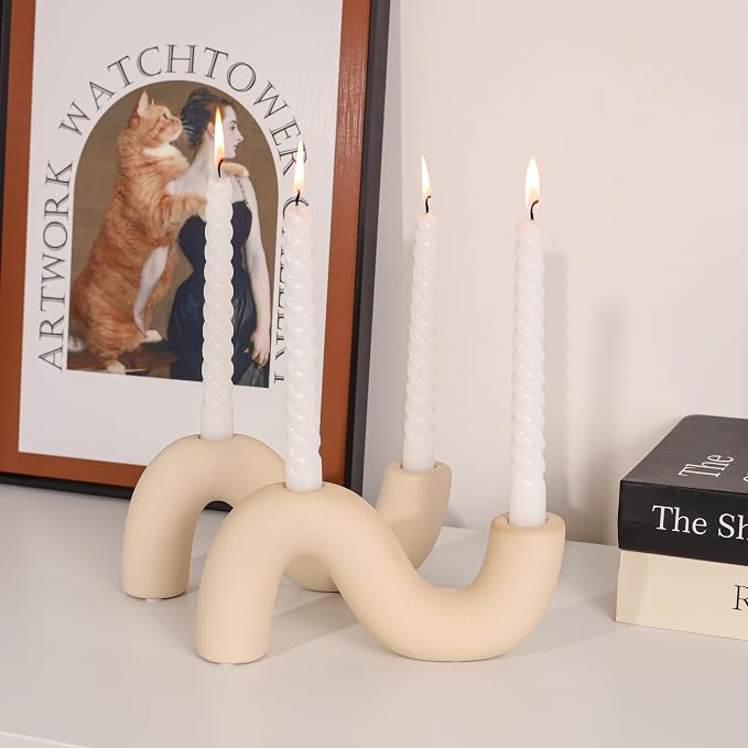 2-Pack White Ceramic Candle Holder Set, Modern Taper Candlestick for Table Living Room Wedding – Includes 4 LED Candles