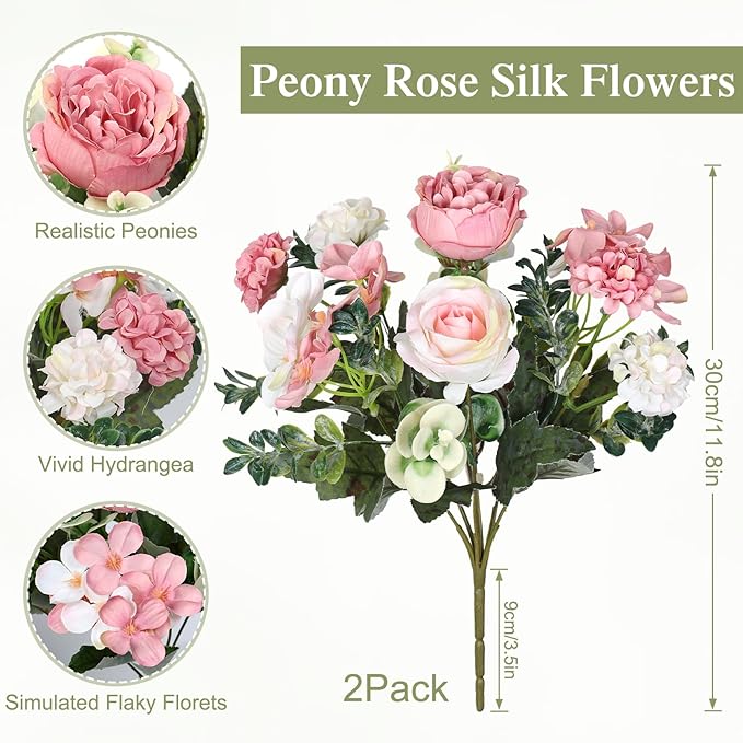 2 Bundles Pink Peonies Artificial Flowers Silk Flower Centerpieces for Tables Fake Flower Arrangements Bouquets Mixed Roses Hydrangea with Stems for Wedding Bridal Bouquets Home Table Decor