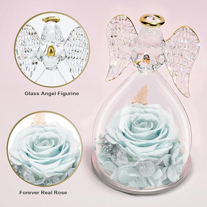 Yamonic Mom Birthday Gifts for Mom, Glass Angel Figurines Forever Real Rose Gifts for Her Women Grandma, Preserved Rose Angel Figurine for Mothers Day Birthday Gifts for Moms from Daughter(Pale Blue)