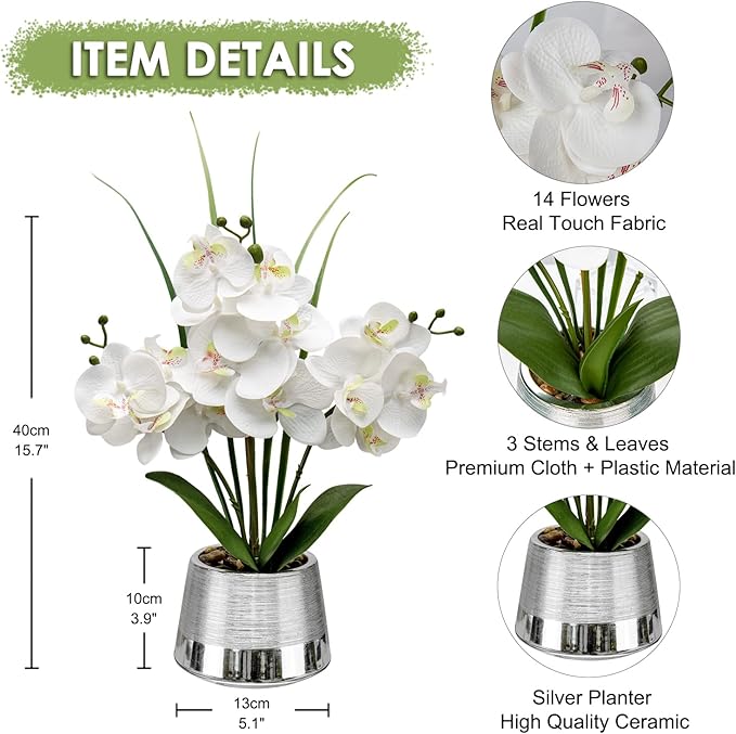 Oairse Artificial White Phalaenopsis Orchid Flower Arrangements Faux Orchid Flower in Silver Pot Orchid Centerpiece for Dining Room Table