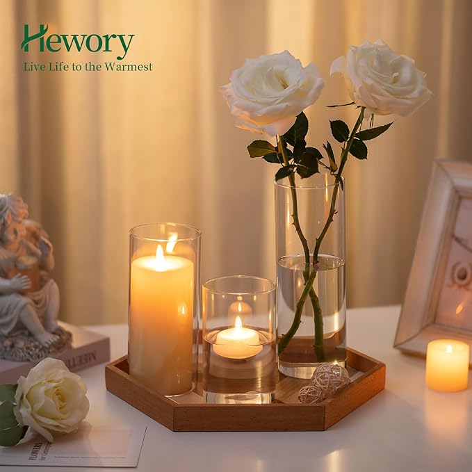 Glass Cylinder Vases Set of 6, Hewory Tall Clear Vase for Centerpieces, Glass Hurricane Candle Holders for Pillar or Floating Candles, Round Vases for Wedding Anniversary Events Table Decor, 3.3in