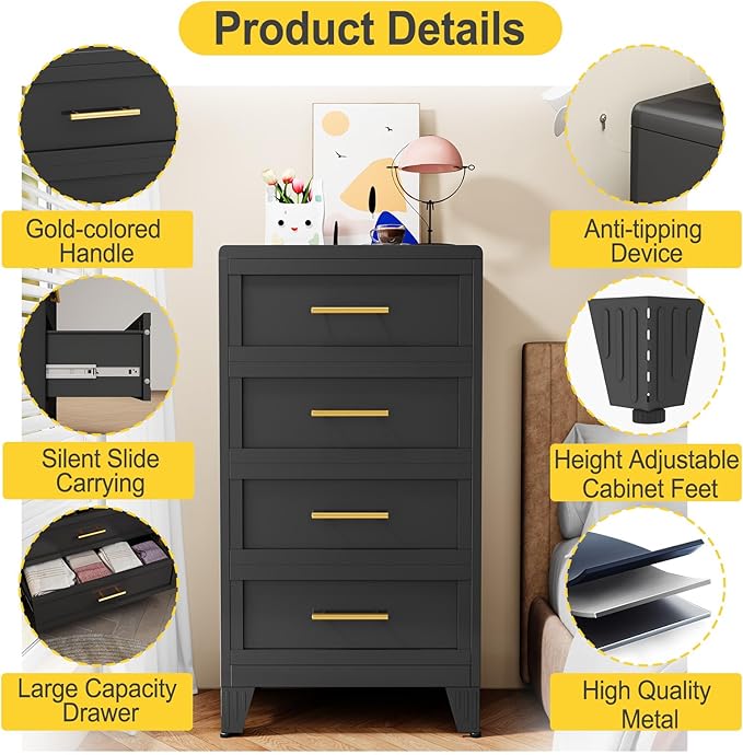 4 Drawers Tall Black Dresser for Bedroom, 44.45" Metal Dressers & Chests of Drawers Curved Corner Design, Storage Organizer Drawer Chest with Large Capacity for Living Room, Entryway, Hallway