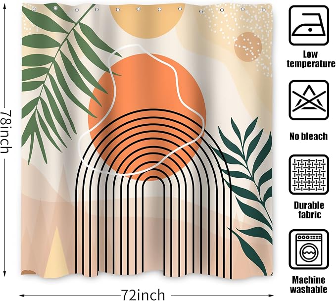 Mid Century Extra Long Shower Curtain, Abstract Boho Minimalistic Arch Sun Leaf Machine Washable Waterproof Fabric for Bathroom Bathtub Decor with Hooks 72Wx78H