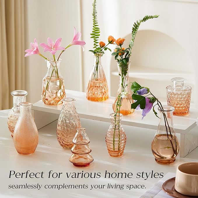 Glass Bud Vase Set of 30 - Small Vases for Flowers in Bulk - Assorted Vintage Crystal Vases for Flowers, Table Centerpieces (Amber, 30 Pcs)