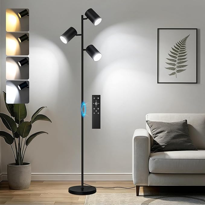 4000LM LED Tree Floor Lamp, 36W Super Bright Reading Lamp with Remote, Dimmable Tall Standing Light with 3 Rotatable Heads & 6 Color Temperatures, Modern Floor Lamps for Living Room Bedroom Office