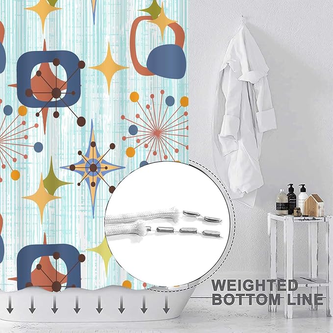 Mid Century Shower Curtain, 72x72inch, Modern Abstract Retro Blue Striped Geometric Shower Curtain Sets 1950s Boho Bathroom Shower Curtain with 12 Hooks
