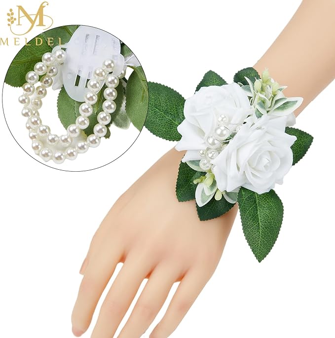 Meldel White Wrist Corsage for Prom, Set of 2, Iovry Wrist Flower for Bride Bridal Bridesmaid Mother Rustic Fall Wedding Party, Rose Hand Flower for Girl Homecoming Ceremony