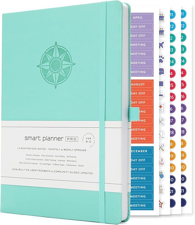 Smart Planner Pro – Medium 10 x 7 inches (B5) – Undated Agenda Daily Planner – Tested & Proven to Achieve Goals & Increase Productivity, Time Management & Happiness with Weekly, Monthly, Gratitude Sections, Back Pocket (Turquoise)