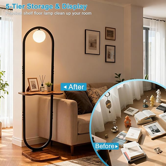 Lightdot 47-Inch Arch Floor Lamp, Modern Standing Lamp with Table, Black Metal Frame with Globe Shade, Living Room Bedroom Lighting, G9 LED Bulb Included for Sofa Beside/Corner Decor