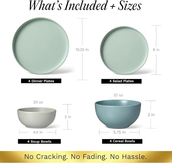 Sango 16-Piece Stoneware Dinnerware Set for 4, Satin Glazed Plates and Bowls Sets with Matte Finish, Ceramic Dish Set, Durable Kitchen Dishes, Microwave & Dishwasher Safe Dining, Rollo Artist's Blend