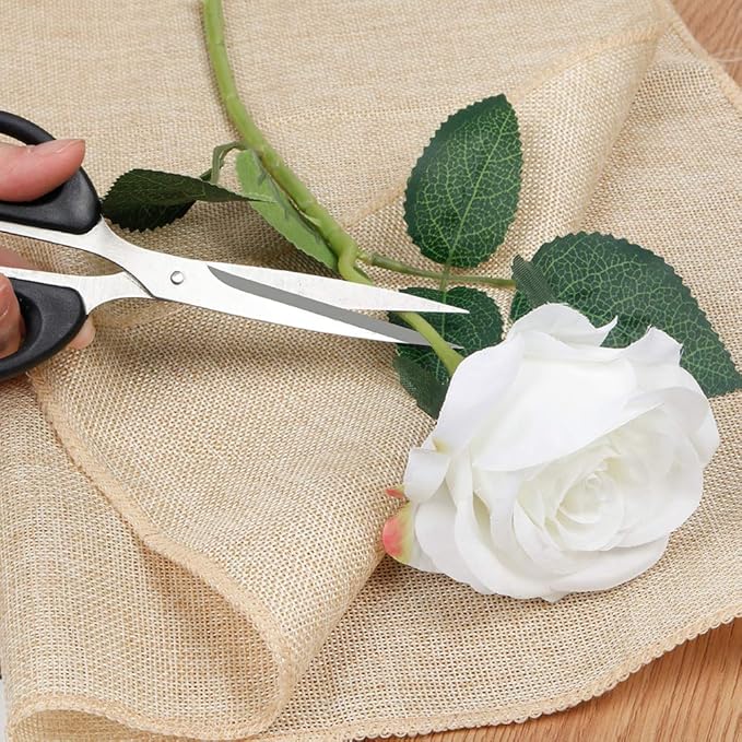 Mocoosy 12 PCS White Rose Artificial Flowers, Fake Roses with Long Stem Realistic Silk Rose Bouquets Wedding Centerpiece Decorations Faux Floral Arrangement Bridal Shower Party Home Office Table Decor