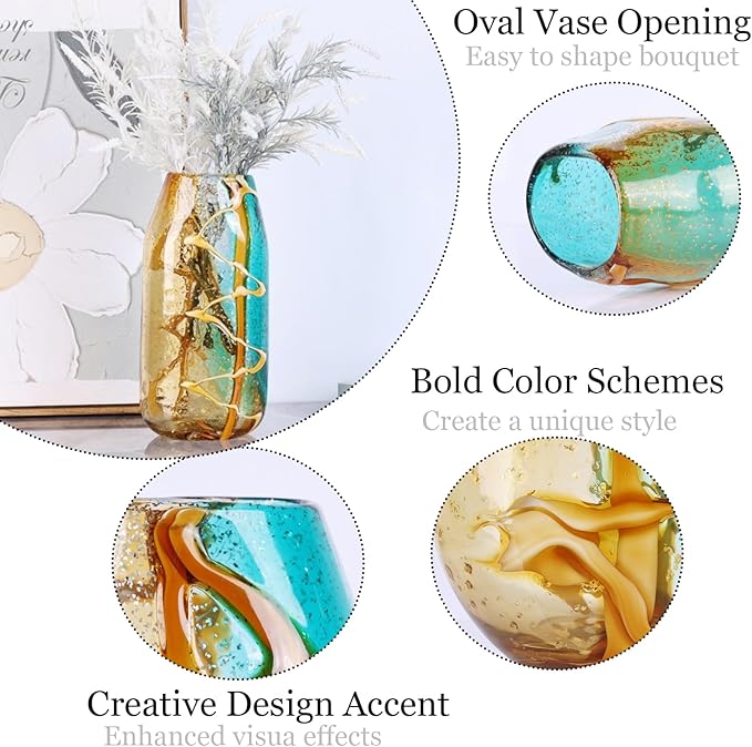 Pretty Hand Blown Glass Vase, Colored Glass Flower Vases Home Decor, Amber and Teal Decorative Murano vase for Living Room Office Bedroom Coastal Table Centerpieces Gift