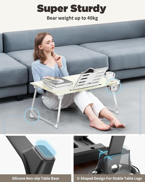 SAIJI XX-Large Laptop Desk - Foldable Bed Tray Table with Storage Drawer & Handrest | Black Cherry