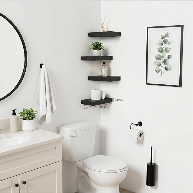 Black Floating Shelves for Wall Set of 4, 11.8 Inch Small Wall Shelves for Bathroom Over Toilet, Home Office & Bedroom Storage, Wall Mounted Shelf System for Decor, Books & Collectibles
