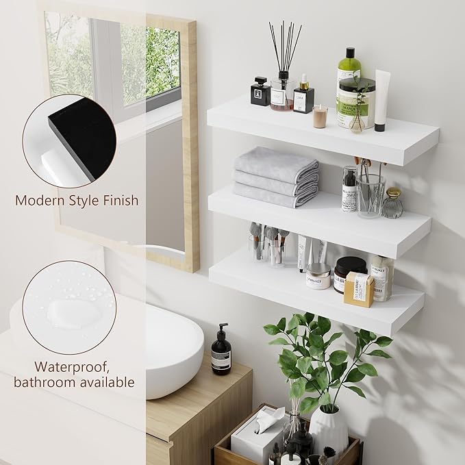 fuqing Floating Shelves for Wall - White Wood Wall Shelves Set of 3 - Modern Style Wooden Shelves for Room Decor & Storage