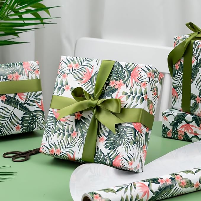 Burymento Palm Leaves Wrapping Paper Roll, Hawaiian Tropical Floral Themed Gift Wrap for Birthday, Valentines, Mothers day, Graduation, Wedding, Fathers day, Baby Shower, Christmas (17 IN x 32.8 FT)