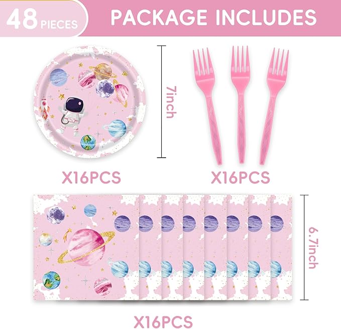 48pcs Pink Space Party Decoration Set,16 Dessert plate,16 Napkin And 16 Fork,16 persons Disposable tableware,Used Galaxy Space Planet Astronauts Birthday Party Supplies (Multicolor 18)